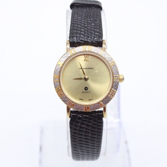 J.B Champion Watch Womens Gold Tone Stainless Steel Classic Black Leather Band - Picture 2 of 6